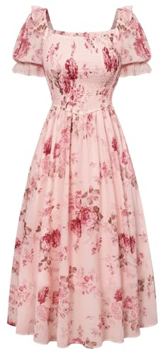 Scarlet Darkness Women's Floral Puff Sleeve Square Neck Tea Party Dress Cottagecore (Pack of 1)