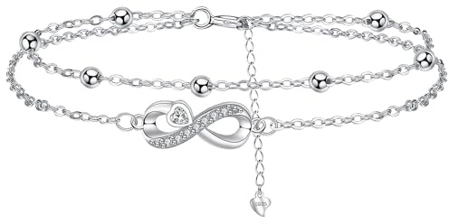 Arrebol Vristlänk dam silver 925 dubbel kedja med kulpärlor fotkedja sommar barfota strand fotkedjor justerbar | 22 cm 4 |, verstellbar von 22 cm bis 26 cm, Silver, Cubic Zirconia