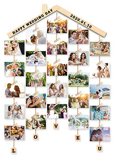 MOVEONSTEP Hanging Photo Display, Picture Photo Frame Wood Wall Photo Display Board with Rope and 30 Small Memo Clips Collage for Home Decoration 63x90cm (2 Sheets Alphabet & Number Stickers)