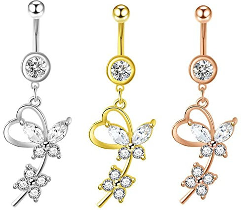 Epinki Piercing Schmuck, 3 Pcs Piercings Set, Edelstahl Nabelpiercing Schmetterling Blumen Bananabell Piercing mit Anhänger Zirkonia Körperschmuck, Tricolor