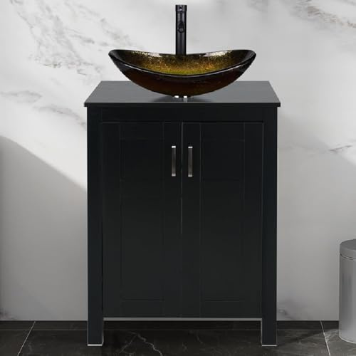 ARTETHYS Bathroom Sink Cabinet, Bathroom Vanity Units with Basin, 60cm Black Bathroom Cabinet Free Standing with Cloakroom Gold Glass Vessel Sink