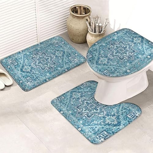Bad Teppiche Set 3-Teiliges Retro Blaue Blume WC Vorleger Mit Ausschnitt Badematte Saugfähig WC Deckelbezug Badvorleger rutschfest Waschbar Toilettensitzbezug Badgarnitur (45x75cm)