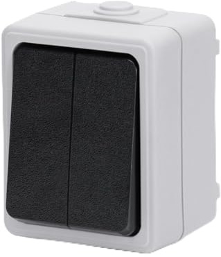 Interruptor de superficie de 2 llaves y 1 vía, color gris, para controlar luces en ambientes domésticos y comerciales.