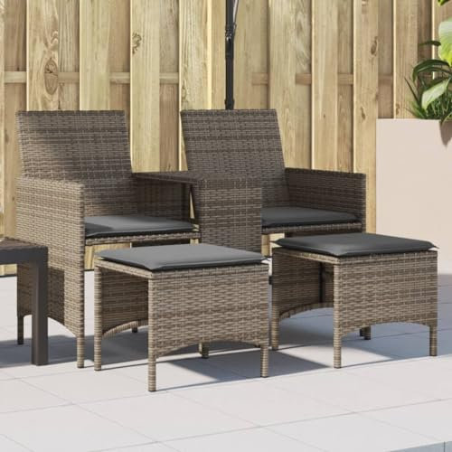 Kangmusi Gartensofa 2-Sitzer mit Tisch und Hockern Grau Poly Rattan, kangmusi4003892