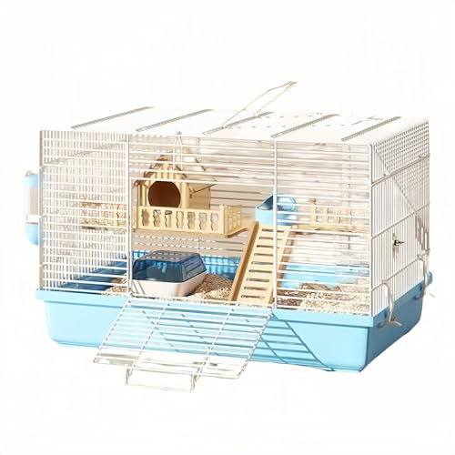 woxefo Hamsterkäfig， Nagerkäfig， Mäusekäfig Hamster Zweistöckiger Kleiner Käfig, Lüftungsgitter， Zubehör inklusive, aus weiß lackiertem Metall und Kunststoff(Blau,47 * 30 * 30cm)