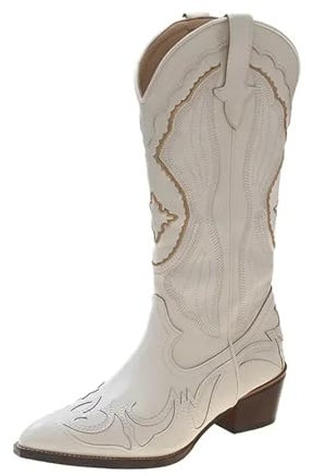 Lmtossey Broderade västerländska vadstövlar cowboy fyrkantiga klackar stövlar spetsig tå plattformsstövlar, BEIgE, 41 EU