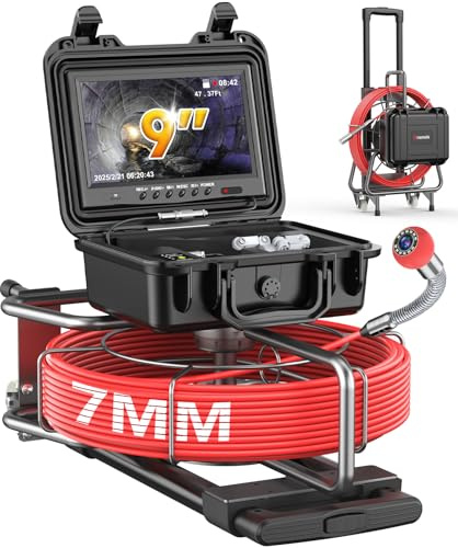 Dnenellr Camara Inspeccion Tuberias 1080P con Barra de Tracción y Ruedas, Camara Tuberias 50M con Señal 512Hz, Autonivelante, Contador de Metros, DVR, Cámara de Inspección de Tuberías de Desagüe