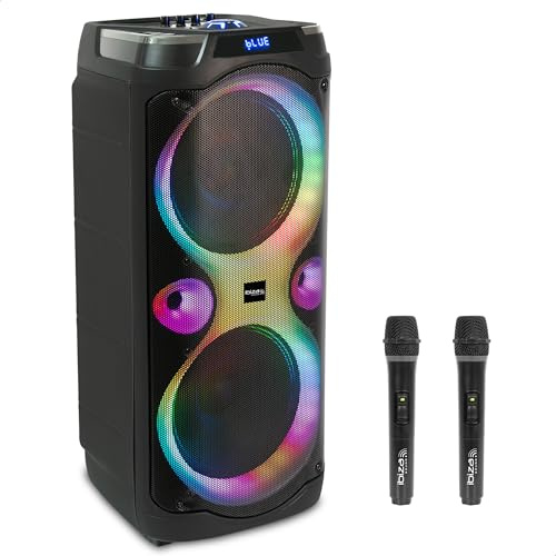 Ibiza - Columba-Karaoke - Bluetooth-Karaoke-Lautsprecher mit 2 kabellosen Mikrofonen - Stimmverzerrer, LED-Lichter, Talkover- und Aufnahmefunktion - Karaoke-Abende