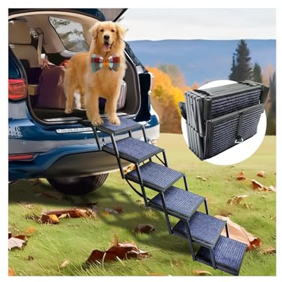 Escaleras para perros grandes, rampa plegable para perros, para coche, camión y SUV, escaleras para mascotas con superficie antideslizante que soporta hasta 250 libras (6 escalones)