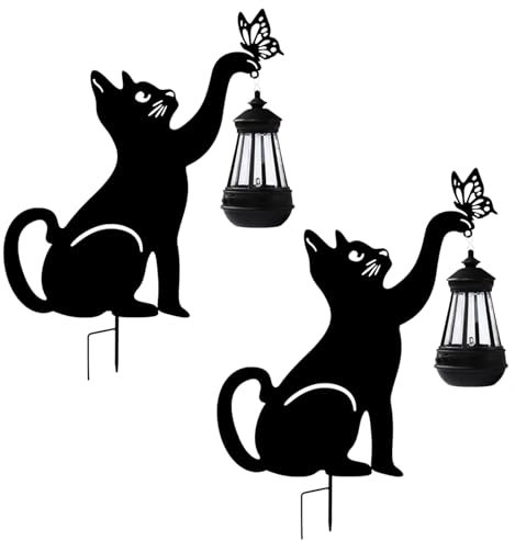 Ysislybin Solarlampe mit 2 Stück Katzen, Deko Garten Rost Katze Gartenstecker Solar mit Laterne, Schwarze Katze Figur für Rasen und Pfad Dekoration