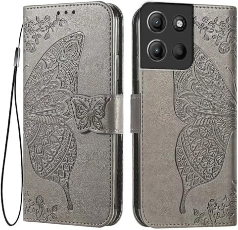 EASSGU Läder mobiltelefonskal för Motorola Moto G15/Motorola Moto G15 Power (6,72 tum) flip-folie magnetiskt fodral med 3 kortfack, 1 plånbok, fallsäkert, reptåligt fodral – grå