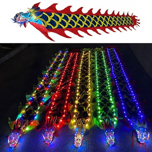 Jonglering Led Dragon Poi med Riktigt-liknande Drakhuvud, 3.0 M/ 5 M Lång Stämplad Tyg Streamer, Lätt Snurrande Dragon Poi Combo, för Evenemangsfirande(Blue,5 m (16.4 ft))