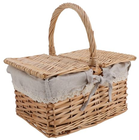 Wicker Picnic Basket, Rattan Garden Baskets with Lid and Handle, Sturdy Woven Body, Linen Fabric Reinforced, for Easter, Camping, Mother's Day, Outdoor (Daisy)