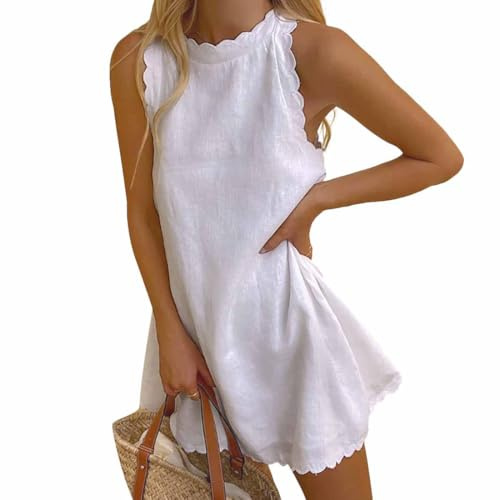 AOWVUTS Vestiti Estivo Donna Mini Abito Senza Maniche Scollo Rotondo Casual Abito in Lino Boho Vestito da Mare Spiaggia Elegante Abiti Tinta Unita Vestito Corto Primavera Estivi