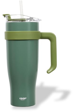 Gourde Isotherme XXL en Inox - Vert Kaki | Avec Paille et Poignée Ergonomique - En Inox pour Conserver vos Boissons au Chaud ou au Frais