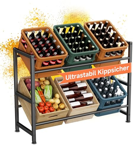 HFHOME Scaffale robusto per 6 casse di bevande, scaffale per bibite a doppio piano per birra, frutta, verdura, acqua, in metallo nero per cucina, cantina, garage