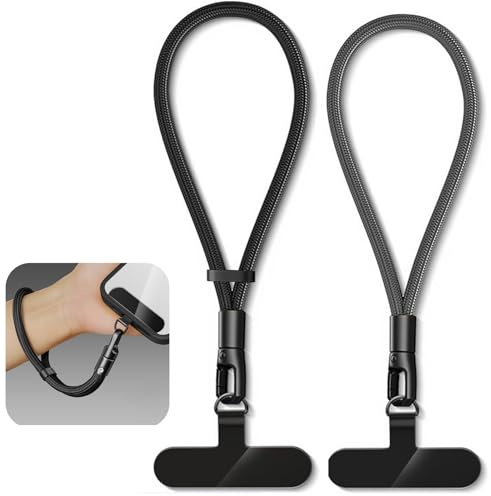 YUNYU Catena per cellulare corta [2 pezzi] – Cinturino antiscivolo per cellulare corto con 2 moschettoni, cinturino da polso universale per smartphone, fotocamera, chiavi (nero), Ferro, Taglia unica