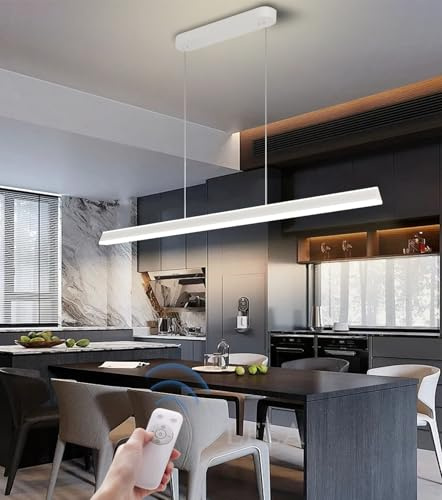 LFLA Hängelampe Moderner LED Esstischlampe lineare Design Pendelleuchte dimmbar Langer Streifen Kronleuchter mit Fernbedienung Esstisch Küche Esszimmer Höhenverstellbar Beleuchtung (Weiß, L120cm，60W)