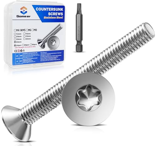 Gomeer 20 Stück M5 x 50 mm Senkkopfschrauben Torx Innensechskant aus A2 V2A Edelstahl Schrauben mit Torx Schlüssel Sechskant Schrauberkopf Norm ISO 14581 / DIN 965,für Maschinen, Möbel,Reparaturen