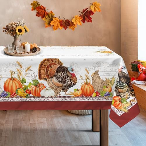 Arquiel Mantel Rectangle, Acción De Gracias Pavo Acuarela Zapallos Mantel Impermeable Antimanchas Lavable Duradera Verde para Cocina Comedor Fiestas Primavera Verano(140X180Cm)