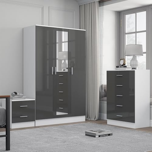 Reflect 3 Door Mirror Wardrobe, 5 Drawer Tallboy Chest, 2 Drawer Bedside Table | Grey Gloss & Matt White Finish | Modern Bedroom Furniture Set