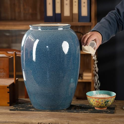 Hltdzer Ceramic Jar For Rice With Lid Large Capacity Grain Dispenser Ceramic Food Storage Container With Lid Sealed Rice Storage Jar For Noodles Rice Snacks ，Flour，Pet Food(33lb/15kg)
