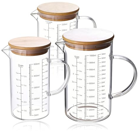 Juego de 3 vasos medidores de cristal, 350 ml+500 ml+1000 ml, vaso medidor de cristal con escala precisa, tapa de bambú y asa, resistente al calor, vidrio de borosilicato para cocina, laboratorio