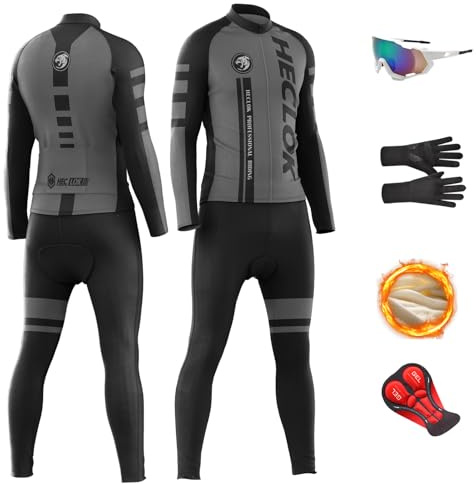 HECLOK Abbigliamento Ciclismo Invernale Uomo - Completo Antivento con Maglia in Pile Termico e Salopette con Gel | Per Strada e MTB, Pacchetto Completo per il Freddo