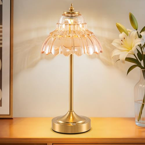 EIDEARAY Rechargeable Table Lamp, Battery Operated Table Lamp, Cordless LED Amber Glass Morning Glory Shape Lamps with Dimmable, Decorative Touch Lamps for Living Room