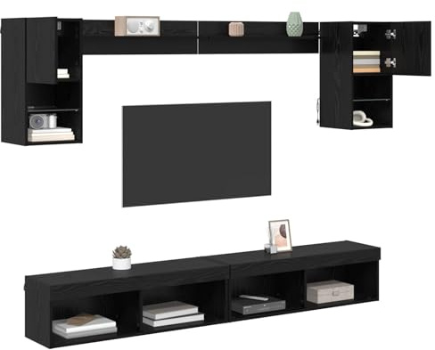vidaXL Unités murales TV avec LED 6 pcs Chêne Noir Bois d'ingénierie, Salon, Rangement Rectangulaire, Design Moderne, Matériaux Durables, Solutions de Montage Mural pour Petits Espaces