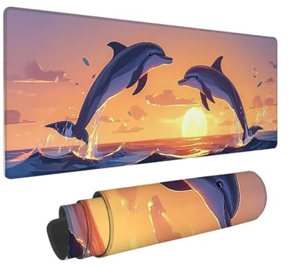 Tapis de Souris de Jeu, 1400 x 600 mm XXL Tapis Souris Gaming Grand, Antidérapant Étanche, iExtended Long Clavier Mouse Pad XXL, Accessoire Bureau, pour Gamer, PC (Coucher de Soleil Dauphin) i-793
