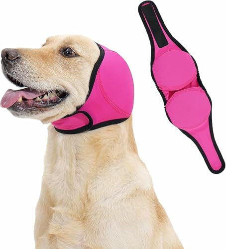 Dog Ear Muffs & No Shake Ear Wrap for Hematoma, Bathing, Drying, Swim& Noise Anxiety Relief- Elastic Waterproof Ear Protector with Calming Hoodie Design for Grooming/Head Ear Cover (Pink, S)