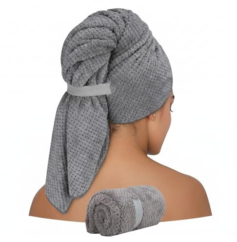 Carehabi Haartrockentuch 100x60cm Extra Groß, Mikrofaser Handtuch Haare extrem saugfähig, Anthrazit Haarturban mit Elastikband statt Knopf, Schnelltrocknend Turban für Lange Haare & Locken, 1 Stück