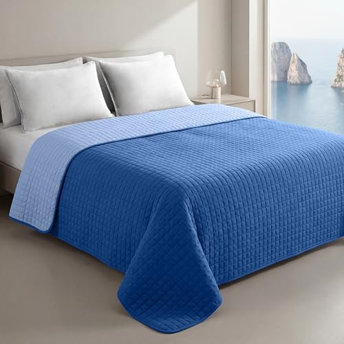 Clara Home Milano Copriletto Trapuntato Capri in Microfibra Manopesca, Double Face, Trapuntino Primavera Estate, Qualità Premium, Made in Italy, Coperta Letto Matrimoniale, Colore Blu