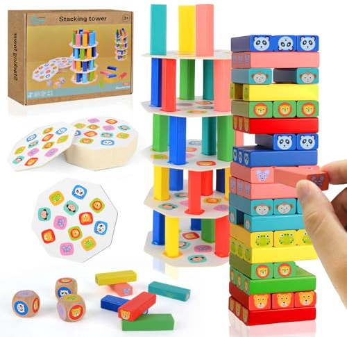 CHMMY Torre de Bloques de Madera 4 en 1, Juguete Montessori de Equilibrio y Habilidad, Juego de Mesa Familiar y de Viaje, Juego Educativo Regalo para Niños y Niñas de 3 a 9 años