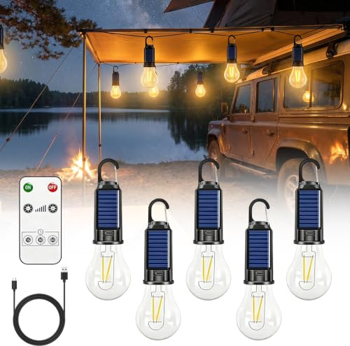Hojalis 5 Stück Campinglampe Aufladbar, LED Campinglampe Solar mit Fernbedienung, 3 Helligkeitsmodi, CampingLantern mit Karabiner, Wasserdicht Camping Licht für Camping, Stromausfall, Notfall