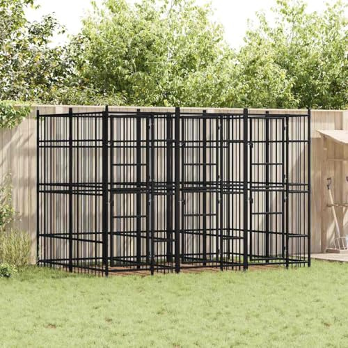 QUAHEAS Outdoor-Hundezwinger Stahl 7,37 m² pulverbeschichtet mit Tür 384x192x200 cm wetterfest für Garten und Terrasse Schutz Auslauf Welpen Käfig Laufstall