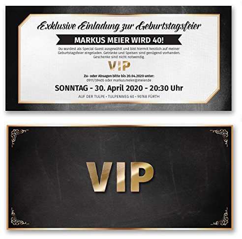 (30 x) Einladungskarten Geburtstag VIP Ticket Eintrittskarte Gold Schwarz Einladungen