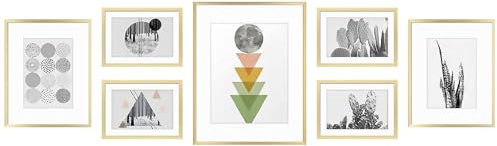 Golden State Art, Aluminum Gallery Wall Frame Set of 7 - Includes One 11x14, Two 8x10, and Four 5x7 - Metal Frames with Mat & Real Glass Cover for Elegant Home or Office Decor (Style 2, Gold)
