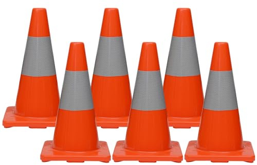 (Set of 6) CJ Safety 18 inch PVC Traffic Safety Cones With Reflective Collar for Parking, Traffic Control & Driver Training OSHA-Compliant Orange Construction Cones (6 pack Cones)