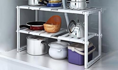 Vinsani® Under Sink 2 Tiers Expandable Kitchen Storage Multi-Functional Rack Adjustable Caddy Under Sink Organizer Storage Shelf Cabinet