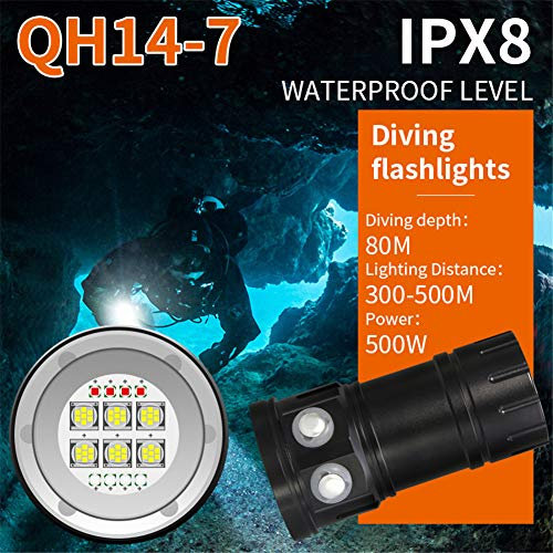 Professionnel Scuba Diving Underwater Flashlight, 7 Modes 80m Waterproof 50400LM, 6x White XML2 + 4X XPE Red R5 + 4X XPE Blue R5 Light Dive Photography Video Torch