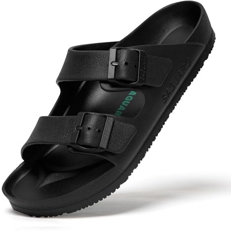 SAGUARO Tofflor för män och kvinnor, lätta, elastiska sandaletter, klassiska badskor, unisex, vuxensandaler, 36–48 EU, Hus svart, 45 EU