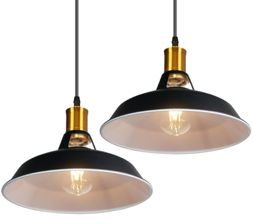 TOKIUS 2 pezzi Lampada a Sospensione Industriale Vintage Lampadario Plafoniera E27 in Metallo Ø27cm Lampada da soffitto Retro Interni Per Cucina Camera da letto Sala Da Pranzo (Nero&Bianco, 2 pezzi)