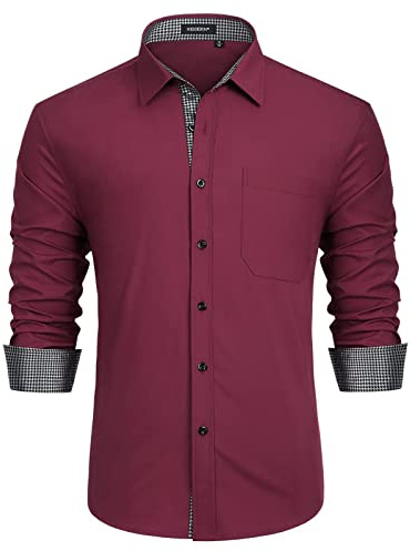 HISDERN Herr R?da Dressskjortor L?ng?rmade Formella Casual Businessskjortor F?r Herr Normal Passform Br?llop Arbete Med Fickor