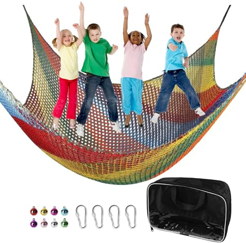Toriexon Climbing Net 14.7' x 9.8', Double Layers Playground Safety Net for Kids, Multicolored Climbing Cargo Net for Tree House, Obstacle Training, Back Yard