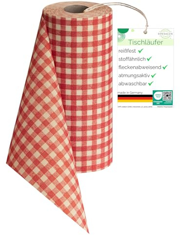 Sensalux Landhaus Tischläufer, Karo Rot-Weiß 50 cm x 25 m | stoffähnliches Vlies, italienischer Landhausstil, abwaschbar, wasserabweisend, Tischdeko für Party Event Catering