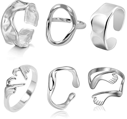 Loqimu 6 Pack Silver Midi Rings Stainless Steel Stackable Rings for Women Open Knuckle Rings Set Wide Irregular Finger Rings for Teen Hug Geometric Fashion Rings Aesthetic Jewelry Gift