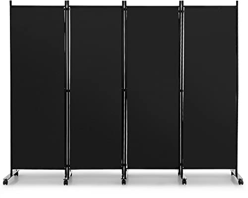 COSTWAY 225 x 173 cm rumsavdelare på rullar, paravent 4 delar, vikbar skiljevägg, av tyg, insynsskydd för mer integritet och flexibilitet (svart)