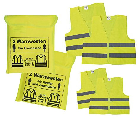 RAU KFZ Warnwesten Sicherheitswesten Set für die ganze Familie 2 Erwachsenenwesten + 2 Kinderwesten